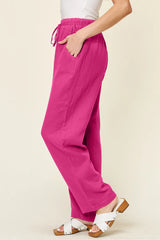 Double Take Full Size Texture Drawstring Straight Pants - kinko
