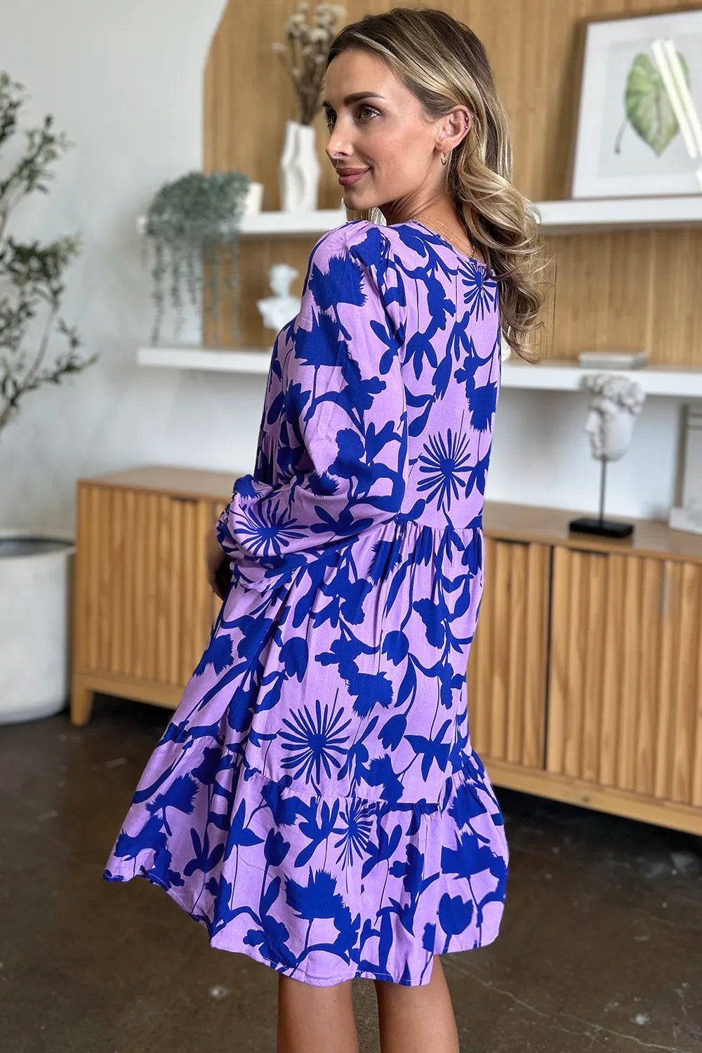Double Take Full Size Printed Ruffle Hem Dress with Pocket - kinko