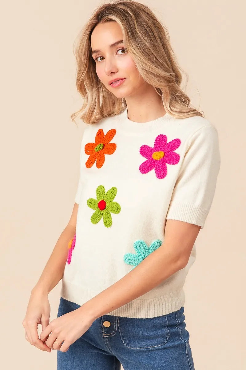 BiBi Crochet Flower Patch Sweater Top - kinko
