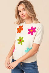 BiBi Crochet Flower Patch Sweater Top - kinko