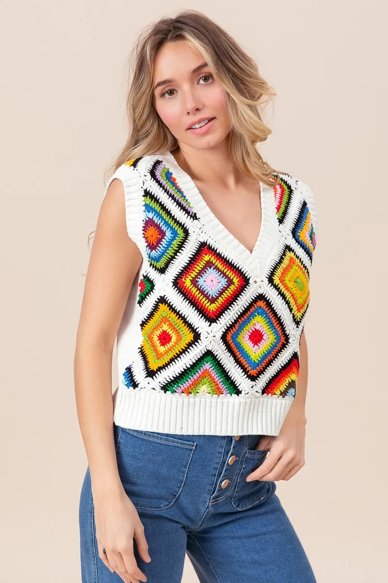 BiBi Diamond Granny Square Sweater Vest - kinko