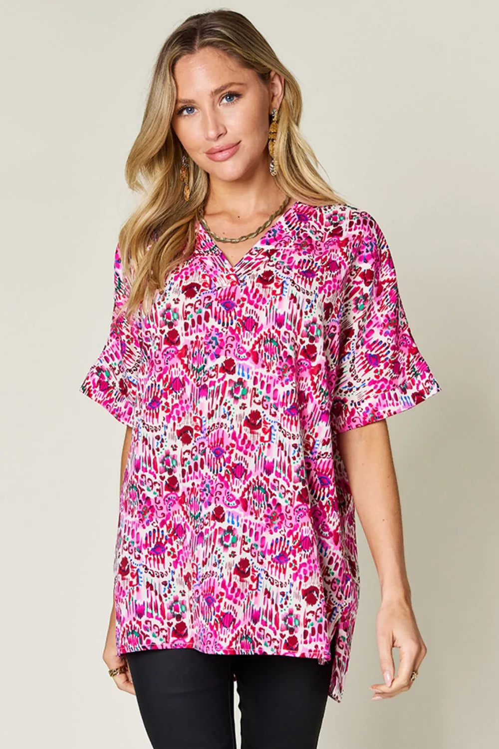 Double Take Full Size Printed V-Neck Short Sleeve Blouse - kinko