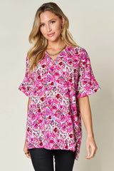 Double Take Full Size Printed V-Neck Short Sleeve Blouse - kinko