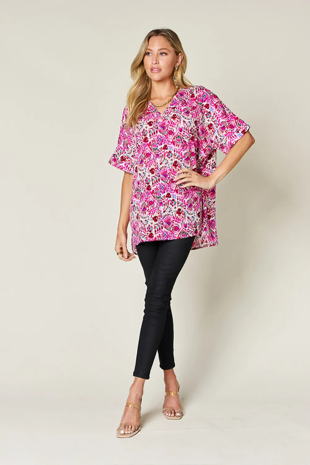 Double Take Full Size Printed V-Neck Short Sleeve Blouse - kinko