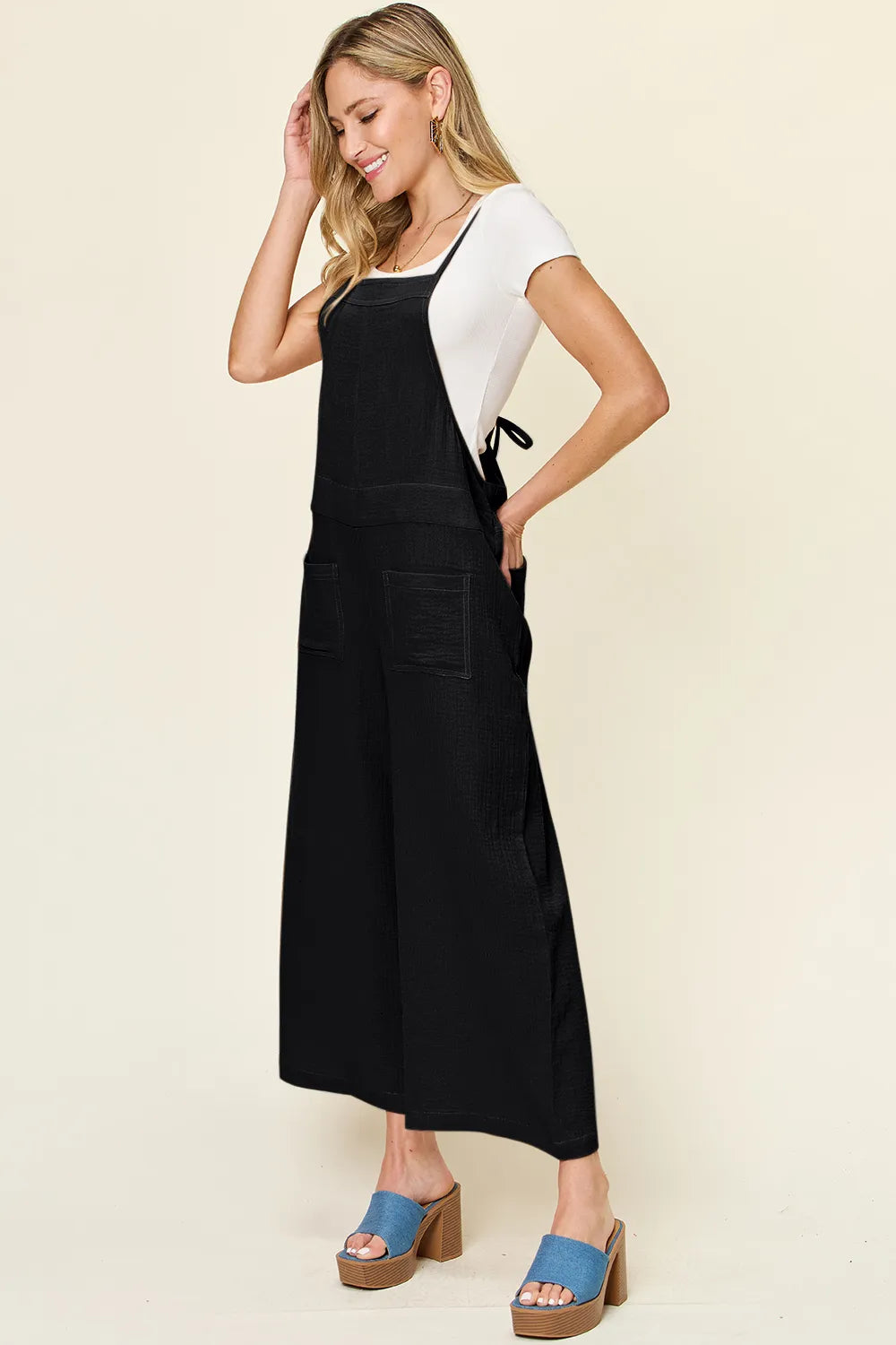 Double Take Full Size Texture Sleeveless Wide Leg Overall - kinko