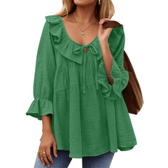 Round Neck Tied Front Dart Multi-layer Loose Waist Shirt - kinko