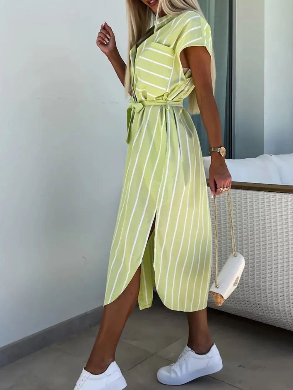 Striped Tie Waist Short Sleeve Dress - kinko