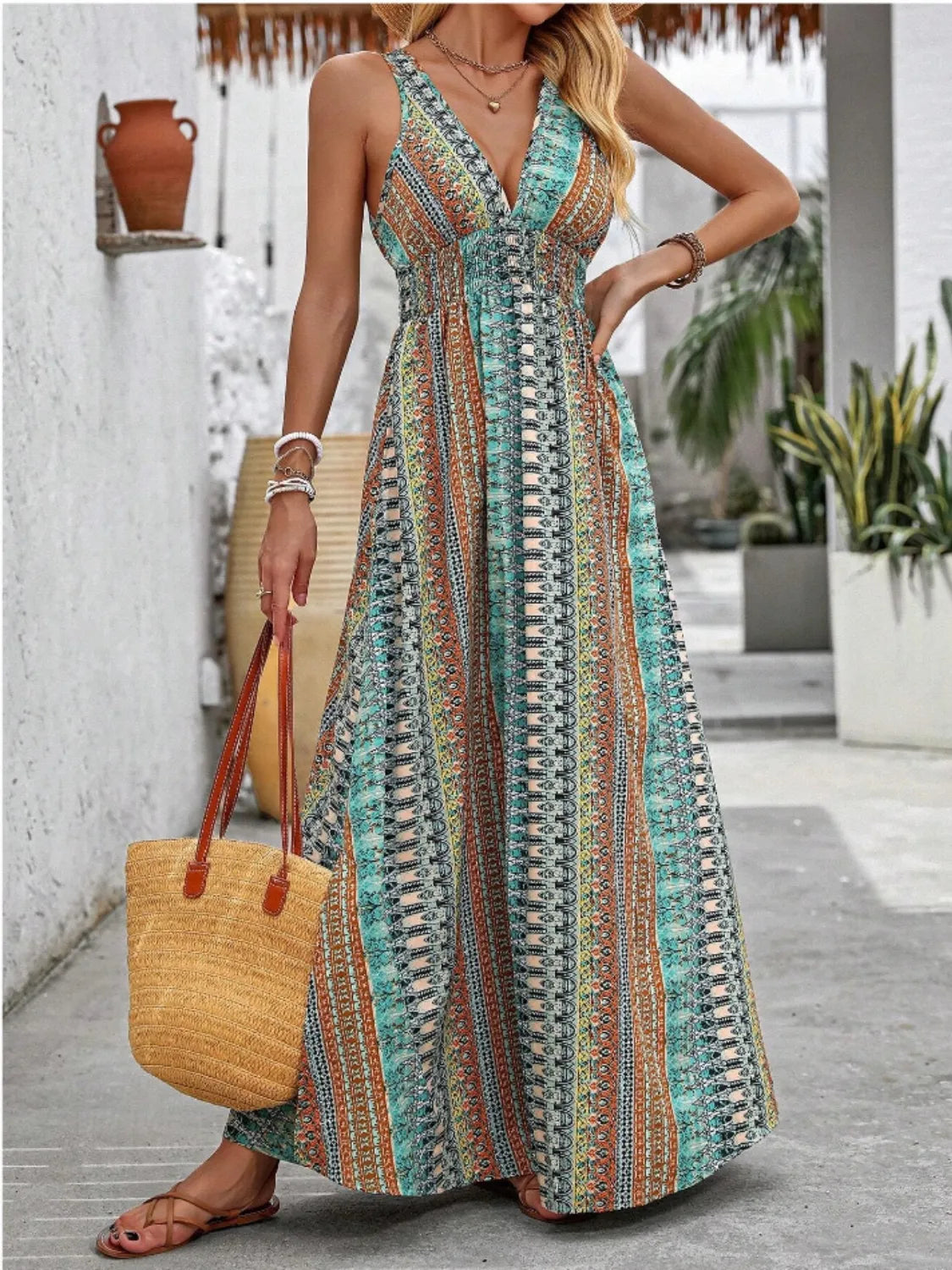Tied Back Printed Sleeveless Maxi Slit Dress - kinko