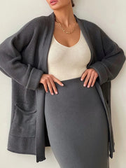 Pocketed Long Sleeve Cardigan and Skirt Sweater Set - kinko