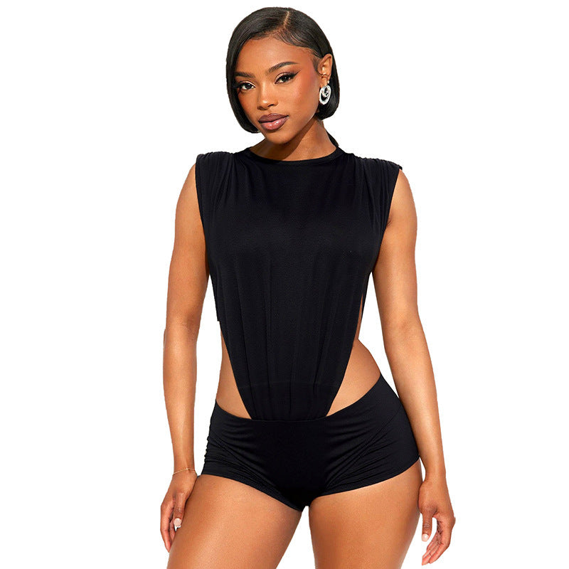 Women's Sleeveless Two-piece Hollow Siamese Top And Tight Shorts - kinko