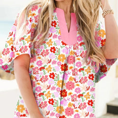 White Floral Split V Neck Wide Short Sleeve Plus Size Blouse Top - kinko