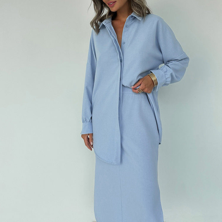 Cotton Lapel Long Sleeve Cardigan Top Split Skirt Commuting Suit - kinko