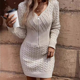 Embossed Zipper Casual Knitted Dress Women - kinko