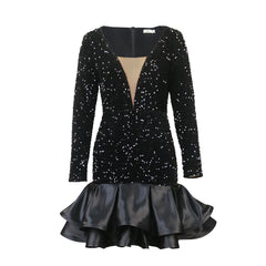 See-through Deep V-neck Sequins Dress Banquet Ball Party Short Dress - kinko