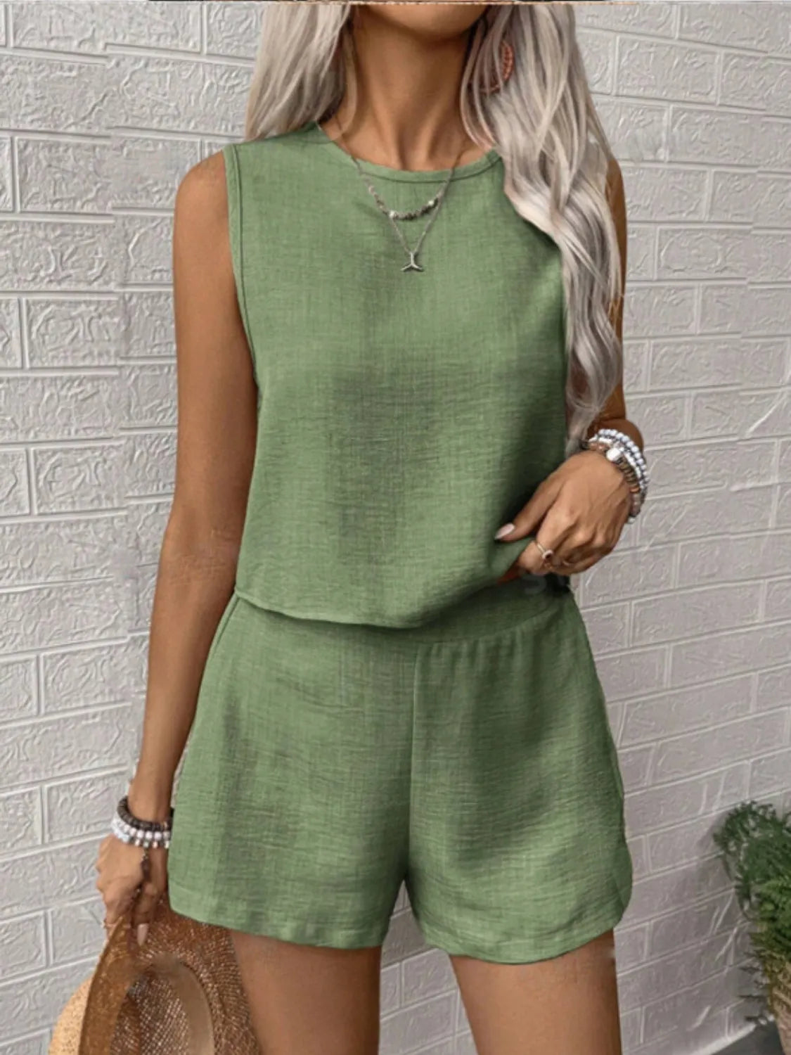 Round Neck Sleeveless Top and Shorts Set - kinko