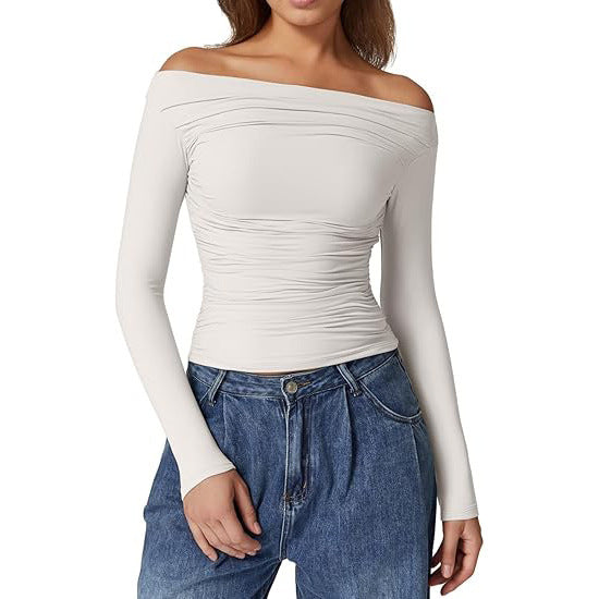 European And American Women's Clothing Top Off-shoulder Long Sleeve T-shirt - kinko