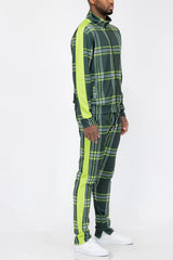WEIV Men's Full Size Plaid Checkered Zip Up Track Jacket and Pants Set Plus Size - kinko