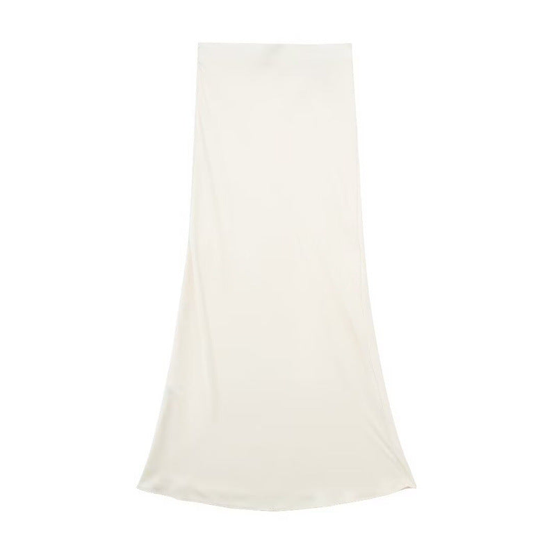 Solid Color Slim Silk Satin Texture Midi Skirt - kinko
