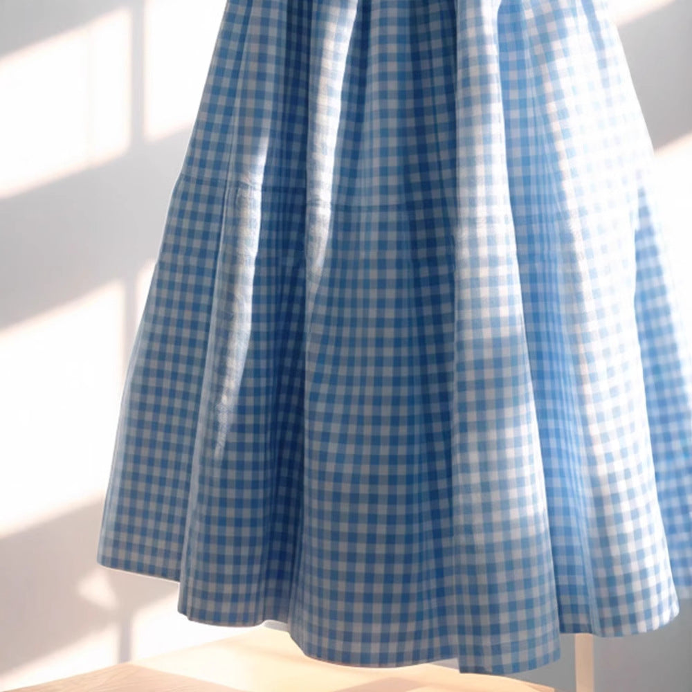 Women's Versatile French High Waisted A-line Plaid Linen Skirt - kinko