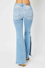 Judy Blue Full Size Mid Rise Raw Hem Slit Flare Jeans - kinko