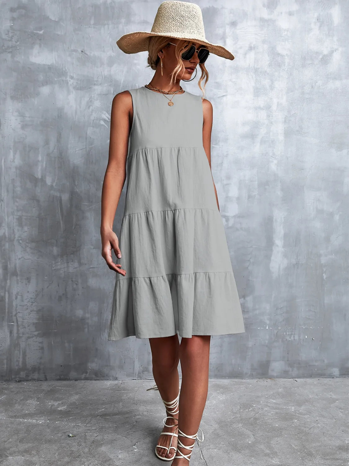 Tiered Round Neck Sleeveless Mini Tank Dress - kinko