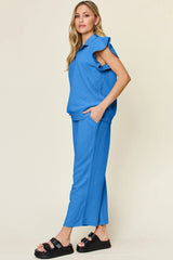 Double Take Texture Ruffle Short Sleeve Top and Drawstring Wide Leg Pants Set - kinko