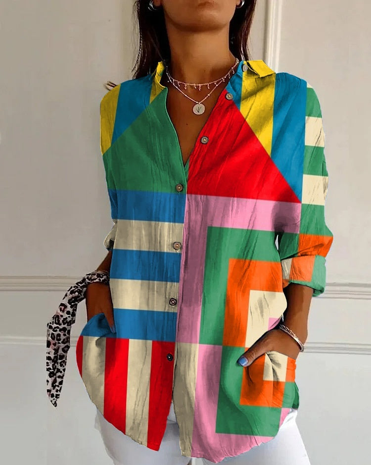 Striped Long-sleeved Shirt Women's Rainbow Cardigan Contrast Color Coat Lapel - kinko