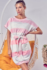 BiBi Tie Front Striped Short Sleeve Dress - kinko