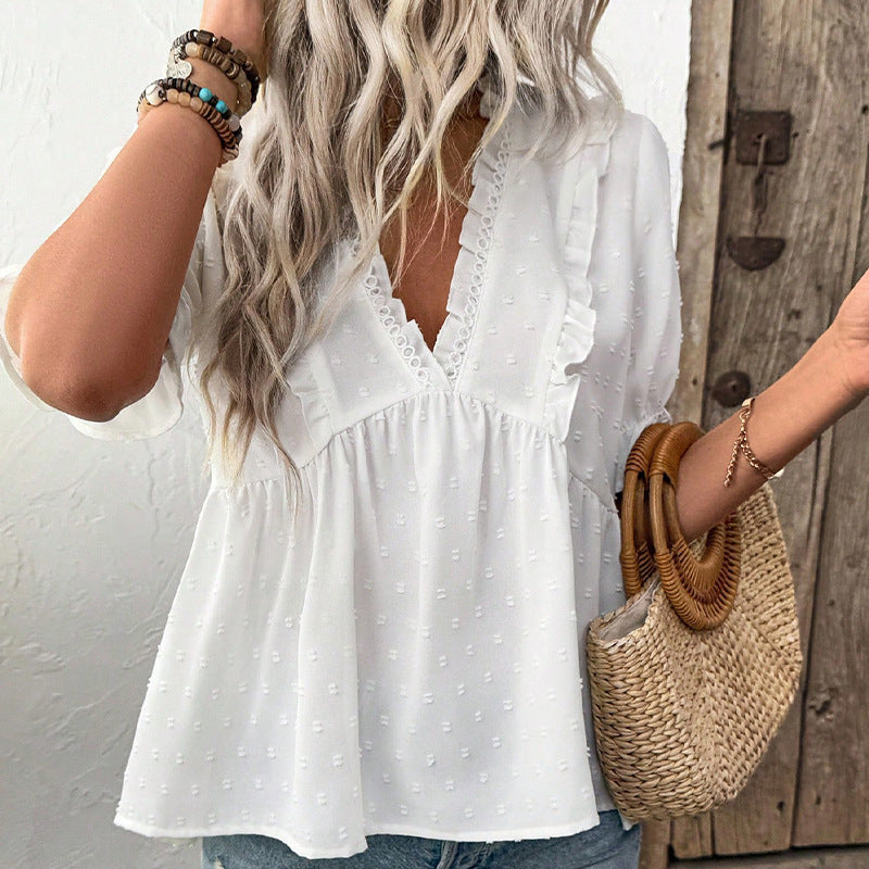 Women's Cut Flower Fur Ball Short-sleeved Lace Shirt - kinko