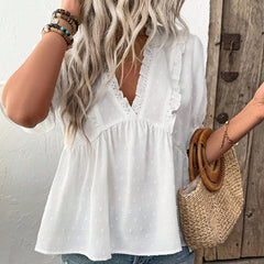 Women's Cut Flower Fur Ball Short-sleeved Lace Shirt - kinko