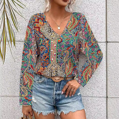 Printed V-neck Long Sleeve Shirt Women's Clothing - kinko