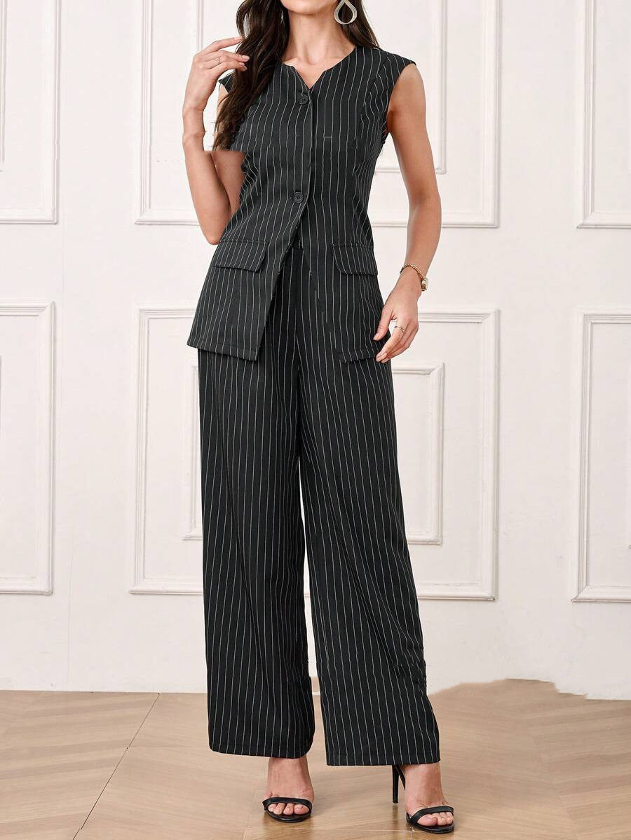 Casual Striped Short Style Lapel Suit Straight-leg Pants Suit - kinko