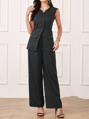 Casual Striped Short Style Lapel Suit Straight-leg Pants Suit - kinko