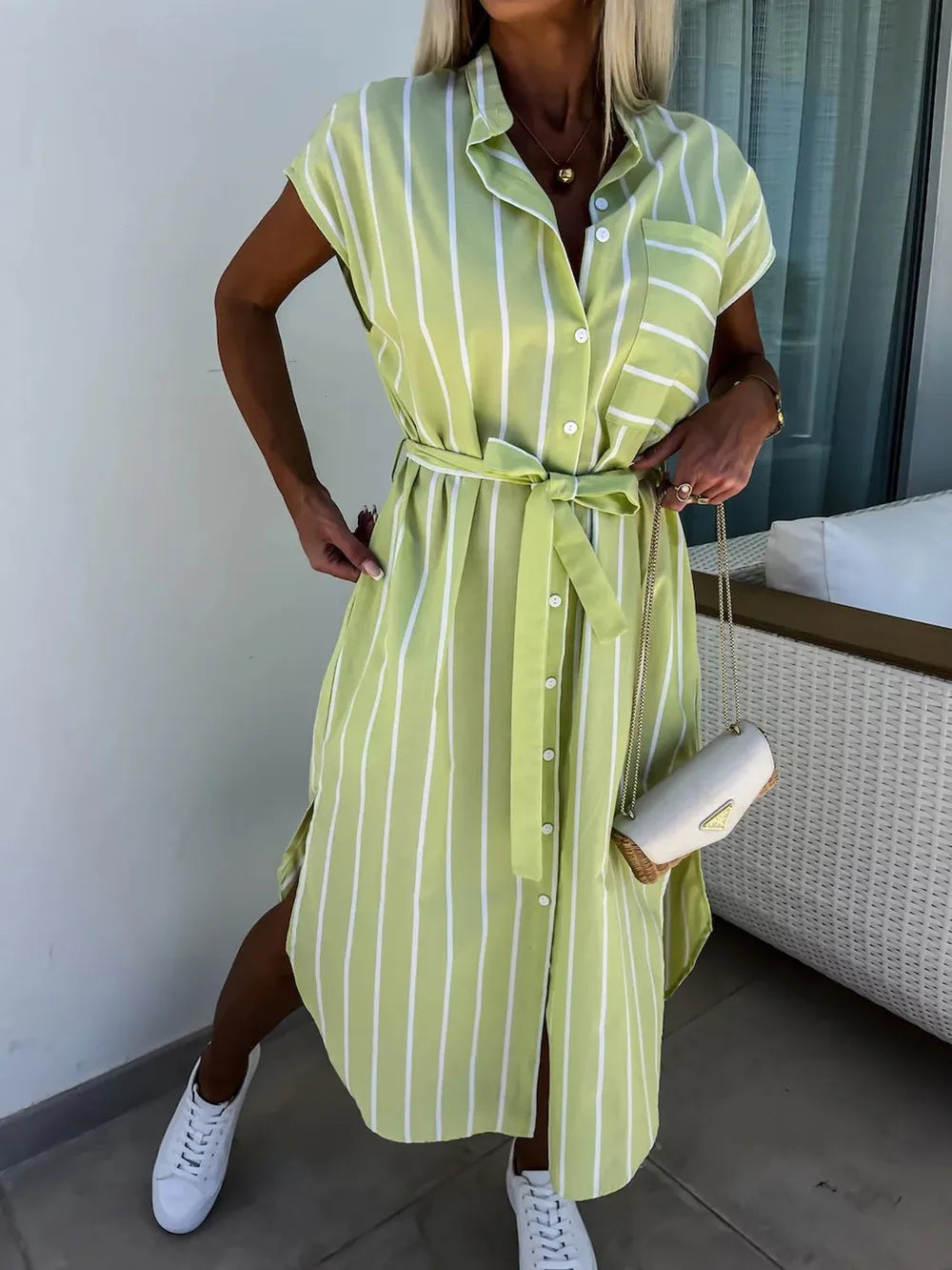 Striped Tie Waist Short Sleeve Dress - kinko
