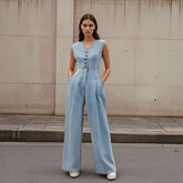 V-neck Double-breasted Sleeveless Wide Leg Overall Jeans - kinko