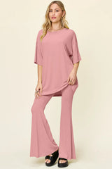 Double Take Full Size Round Neck Drop Shoulder T-Shirt and Flare Pants Set - kinko