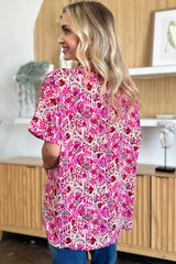 Double Take Full Size Printed V-Neck Short Sleeve Blouse - kinko