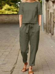 Full Size Round Neck Short Sleeve Top and Pants Set Plus Size - kinko