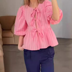 Vertical Striped Bow Lace-up Shirt Loose Round Neck Half Sleeve Shirt - kinko