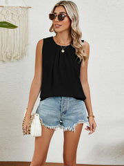 Round Neck Sleeveless Top with Pleated Front Detail - kinko