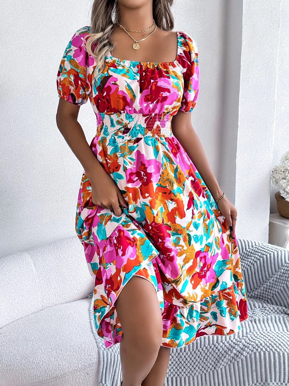 Ruffled Hem Smocked Floral Short Sleeve Midi Dress - kinko