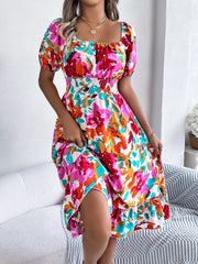 Ruffled Hem Smocked Floral Short Sleeve Midi Dress - kinko