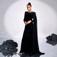 Velvet Round Neck Long Sleeve Rhinestone Evening Dress - kinko