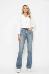 Judy Blue Full Size Tummy Control Back Embroidered Pocketed Bootcut Jeans Plus Size - kinko