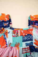 Printed Square Neck Ruffled Short Sleeve Blouse - kinko
