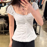 Sweet Slim Fit U-shaped French Wooden Ear Lace-collared Blouse - kinko