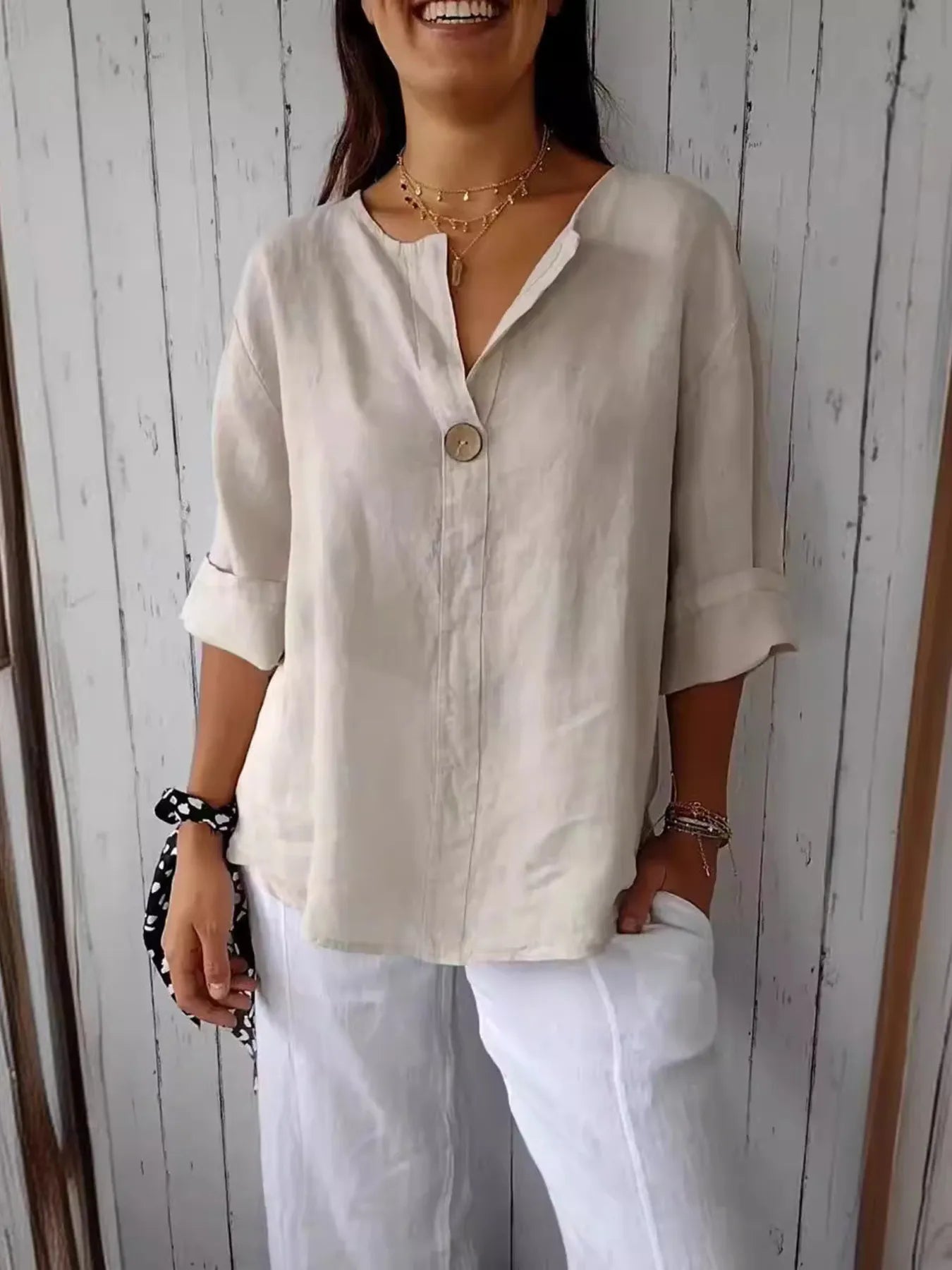 Full Size Casual Notched Drop Shoulder Blouse Plus Size - kinko
