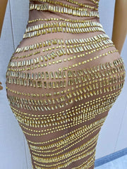 Sexy Luxury Shiny Rhinestone Dress Performance Costume Party Evening Dress - kinko