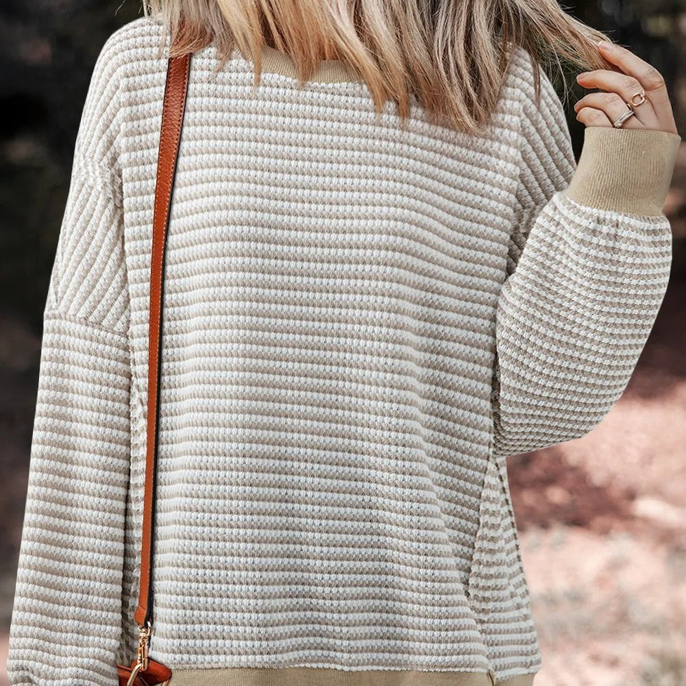 Brown Stripe Ribbed Trim Drop Shoulder Long Sleeve Oversize Top - kinko