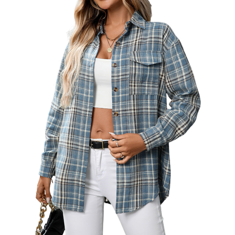 Casual Fashion Loose Plaid Pocket Shirt For Women - kinko